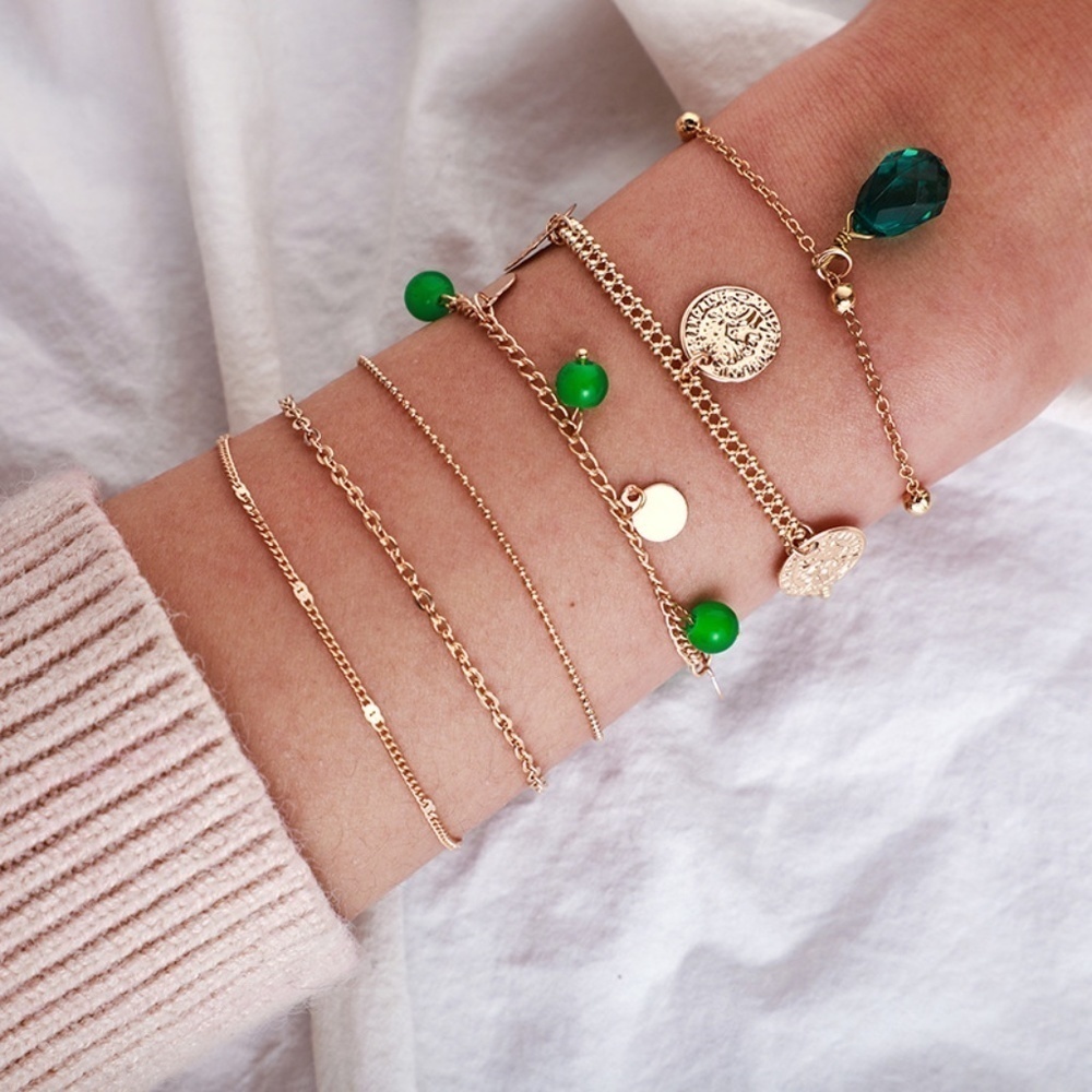*ISABEAU* 6-Pc Gold Charm Green Bead Bracelet Set